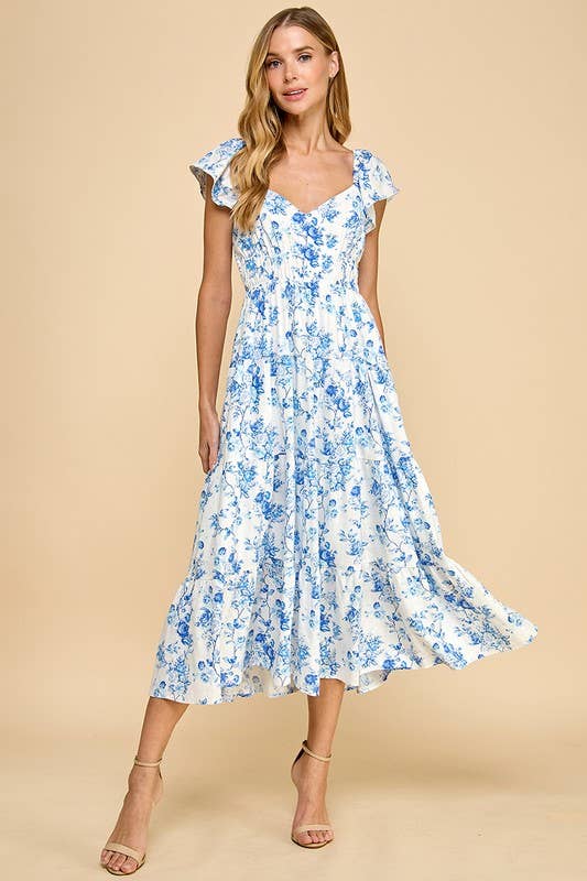 Floral Print Sweetheart Neck Elastic Waist Dress