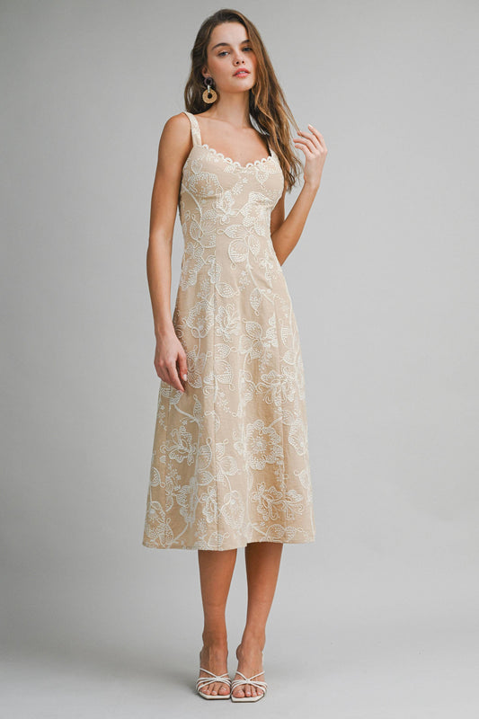 Elegant Floral Embroidered Midi Dress