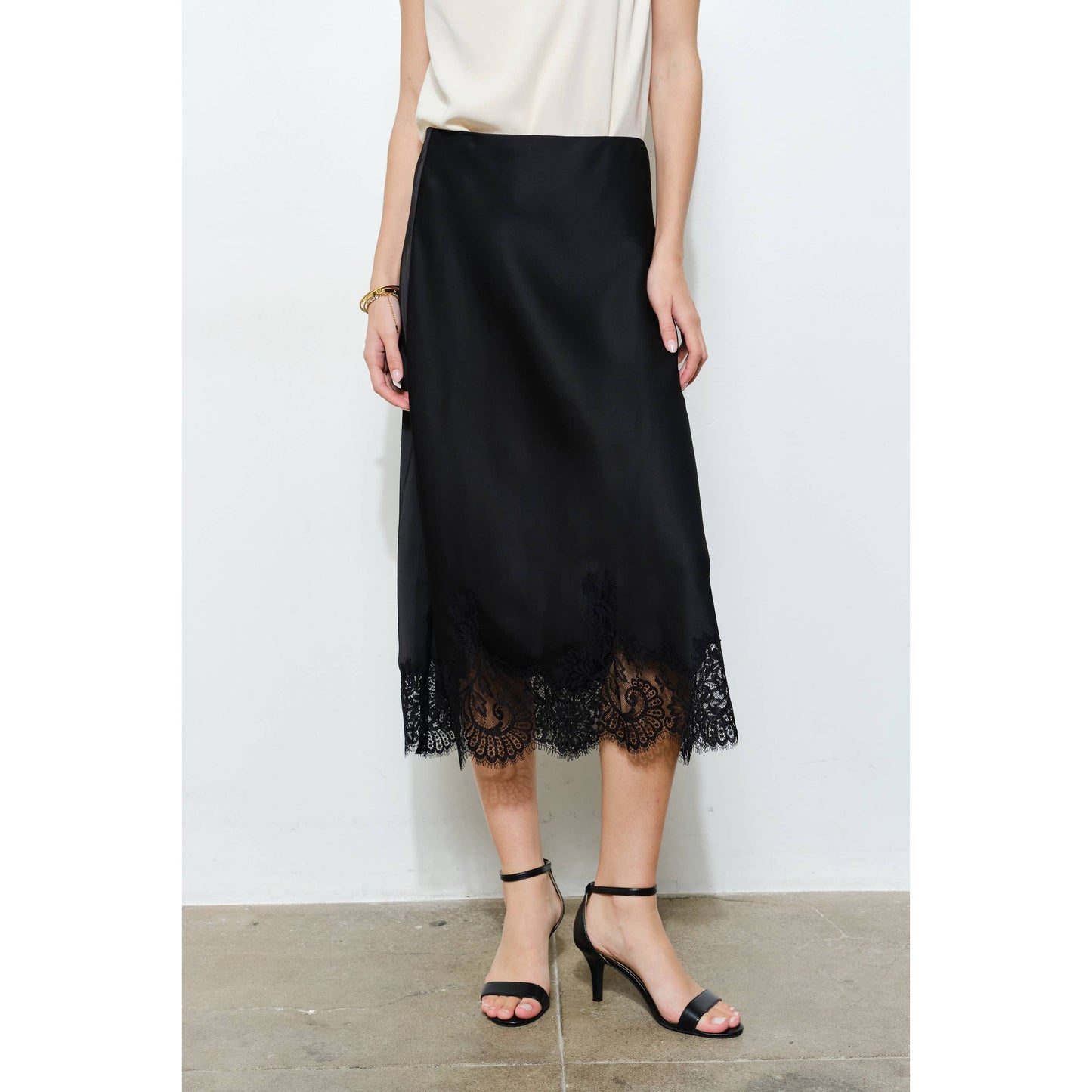 Classic Silky with Lace Hem H-Line Midi Skirt