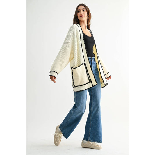 WAFFLE-KNIT CARDIGAN WITH CONTRASTING TRIM