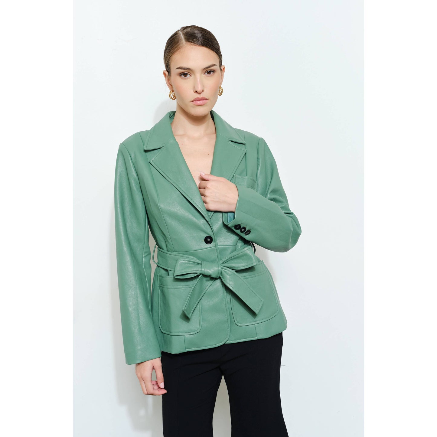 Faux Leather Single-Breasted Belted Blazer Jacket