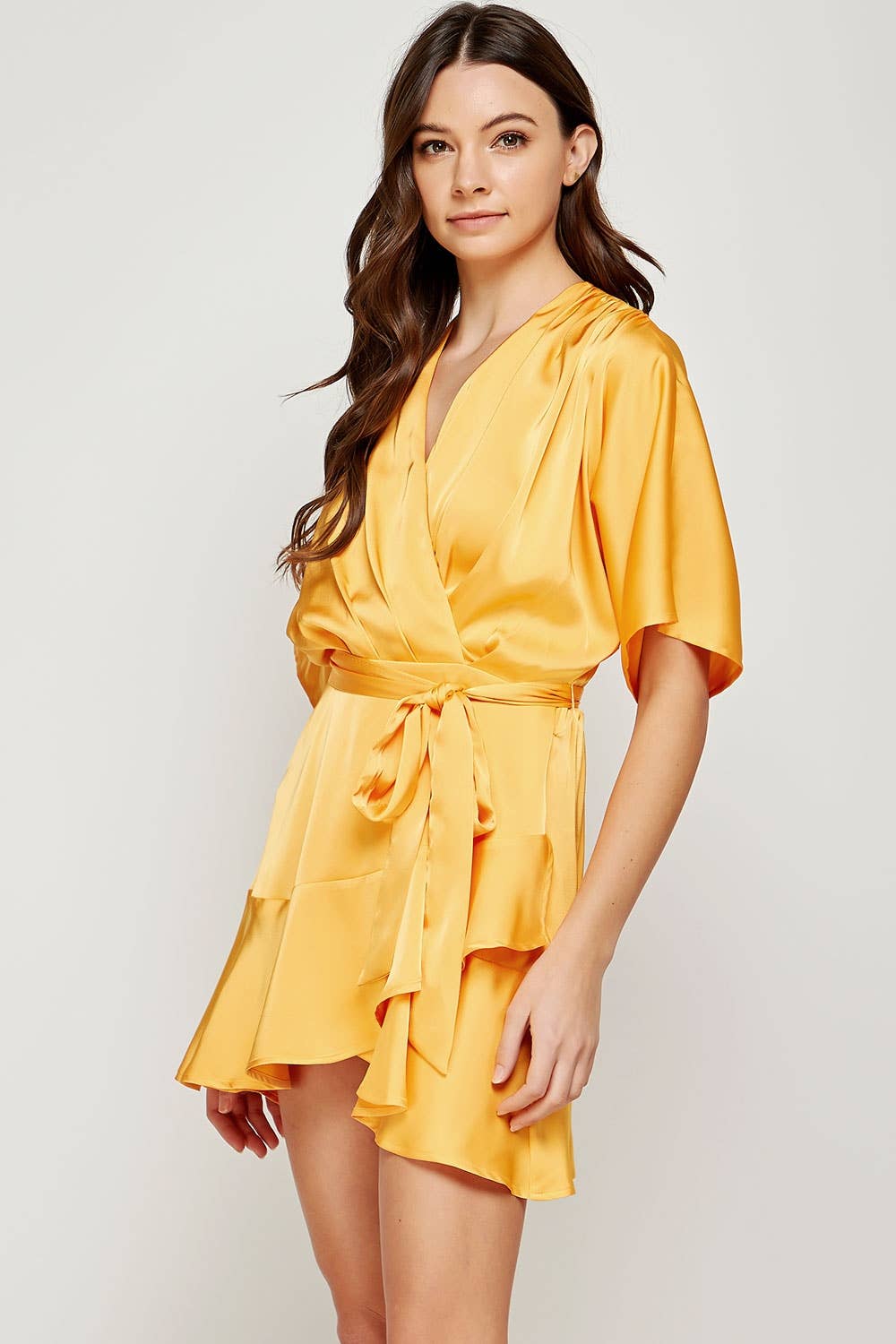 Flared Sleeve Faux Wrap Satin Mini Dress