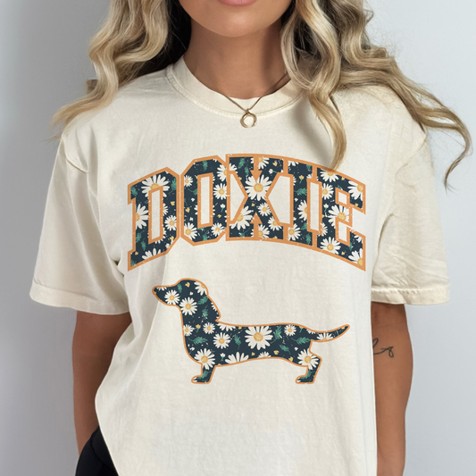 Dog Lovers Varsity Doxie Floral Graphic Tee