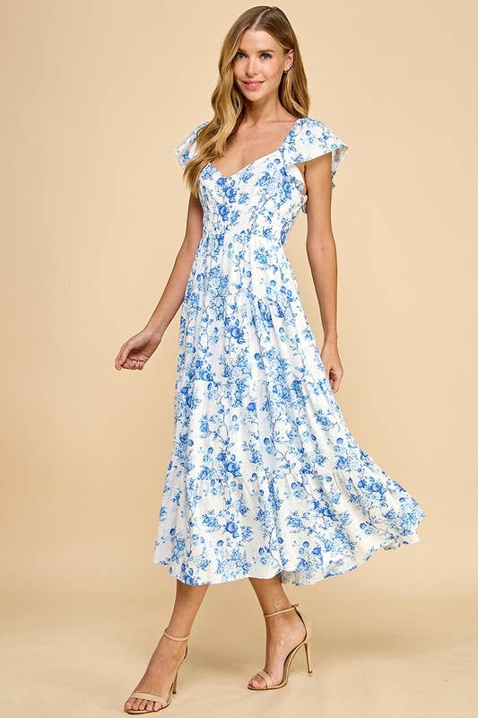 Floral Print Sweetheart Neck Elastic Waist Dress