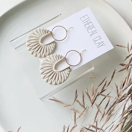 Soraya l Handmade Clay Earrings, Neutral, Boho, Off White