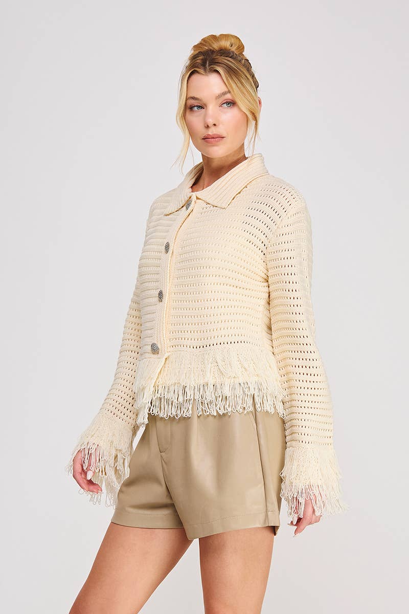 Open Knit Collared Fringe Cardigan