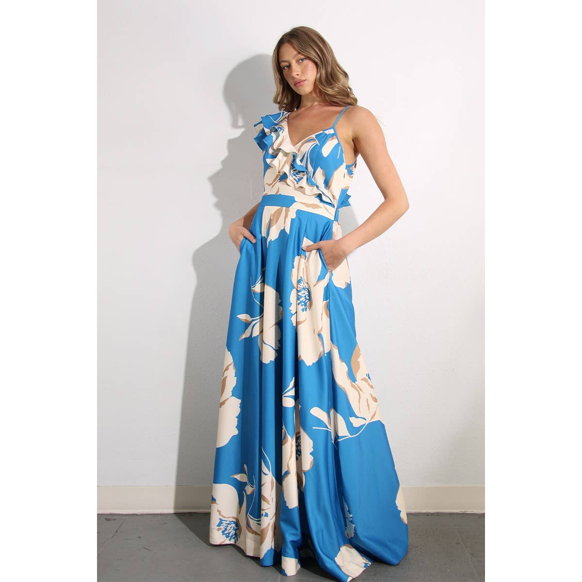 ONE SHOULDER RUFFLE PLEATED MAXI DRESS