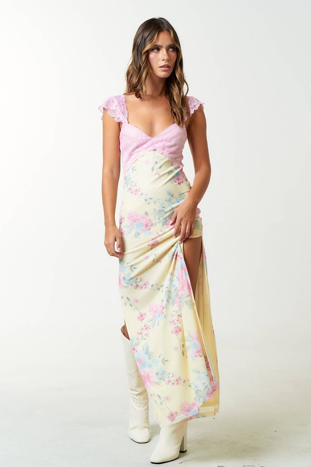 Mesh Floral Print Lace Detail Side Slit Maxi Dress