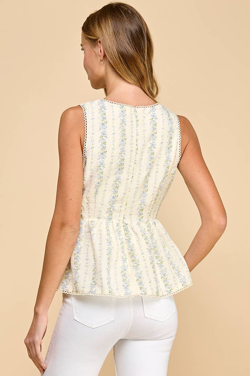 Floral Striped V Neck Peplum Style Top
