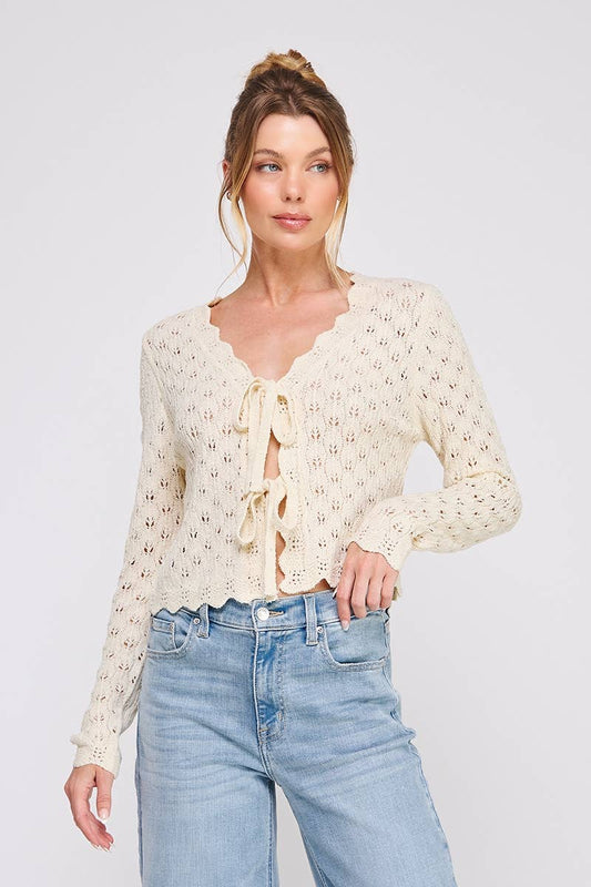 Pointelle tie cardigan with scallop edge