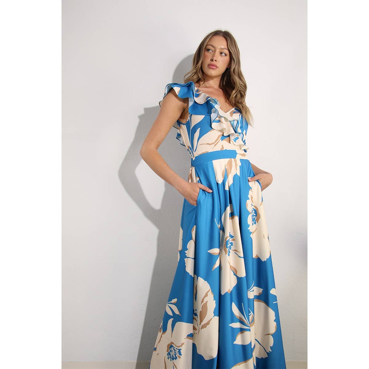 ONE SHOULDER RUFFLE PLEATED MAXI DRESS