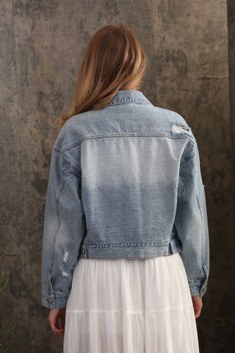 Denim Oversized Trucker Jacket With Bow Patch