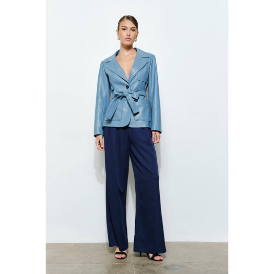 Faux Leather Single-Breasted Belted Blazer Jacket