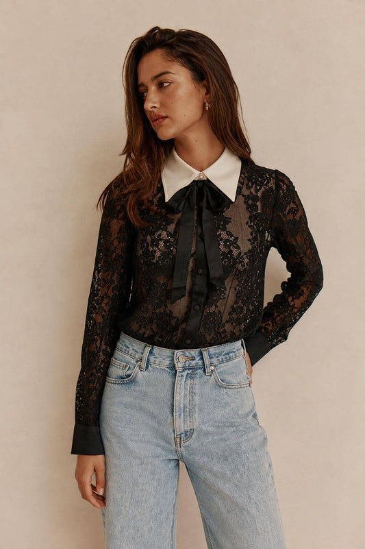 CONTRAST COLLAR BUTTON UP LACE SHIRT