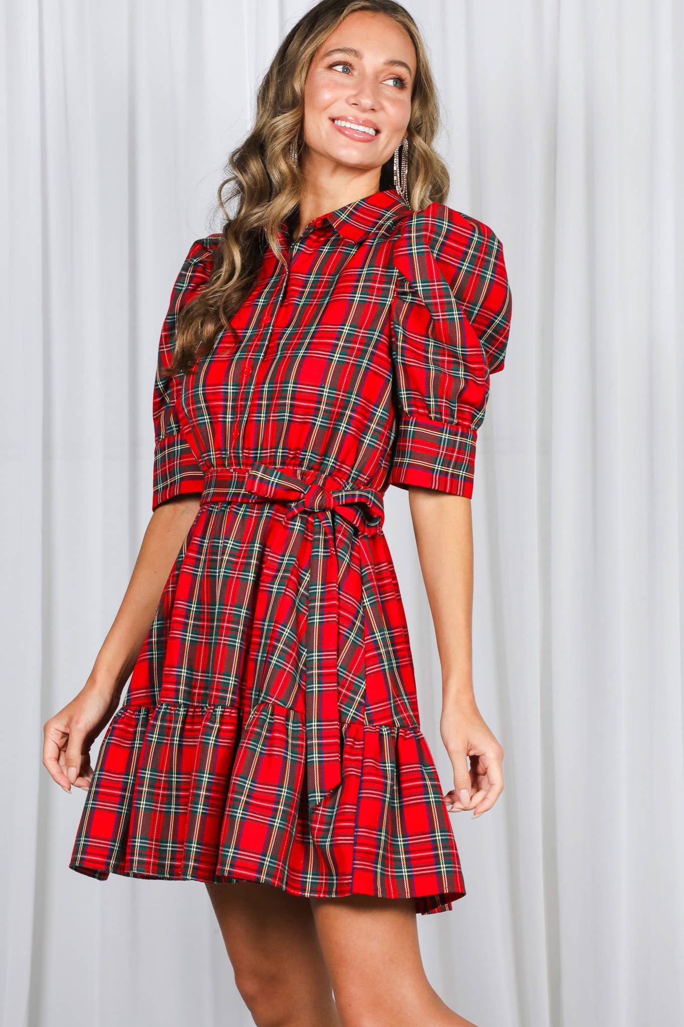 Plaid Short Puff Sleeve Mini Dress