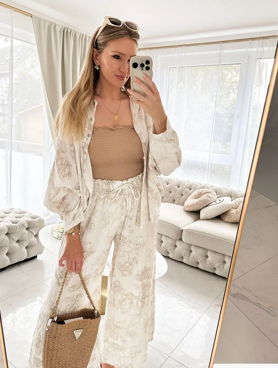 Muslin pants with print beige