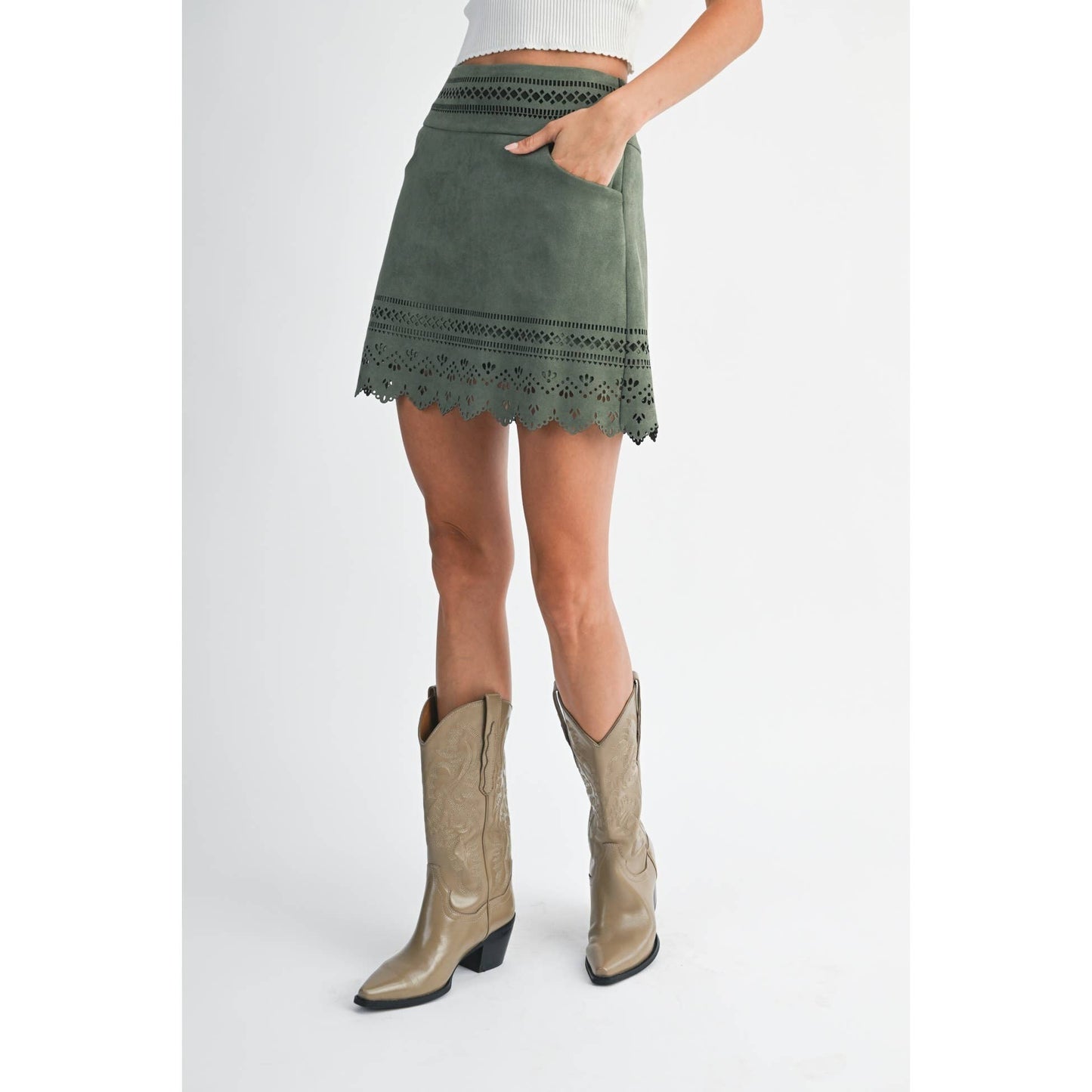 OLIVE GREEN LASER CUT A-LINE SKIRT