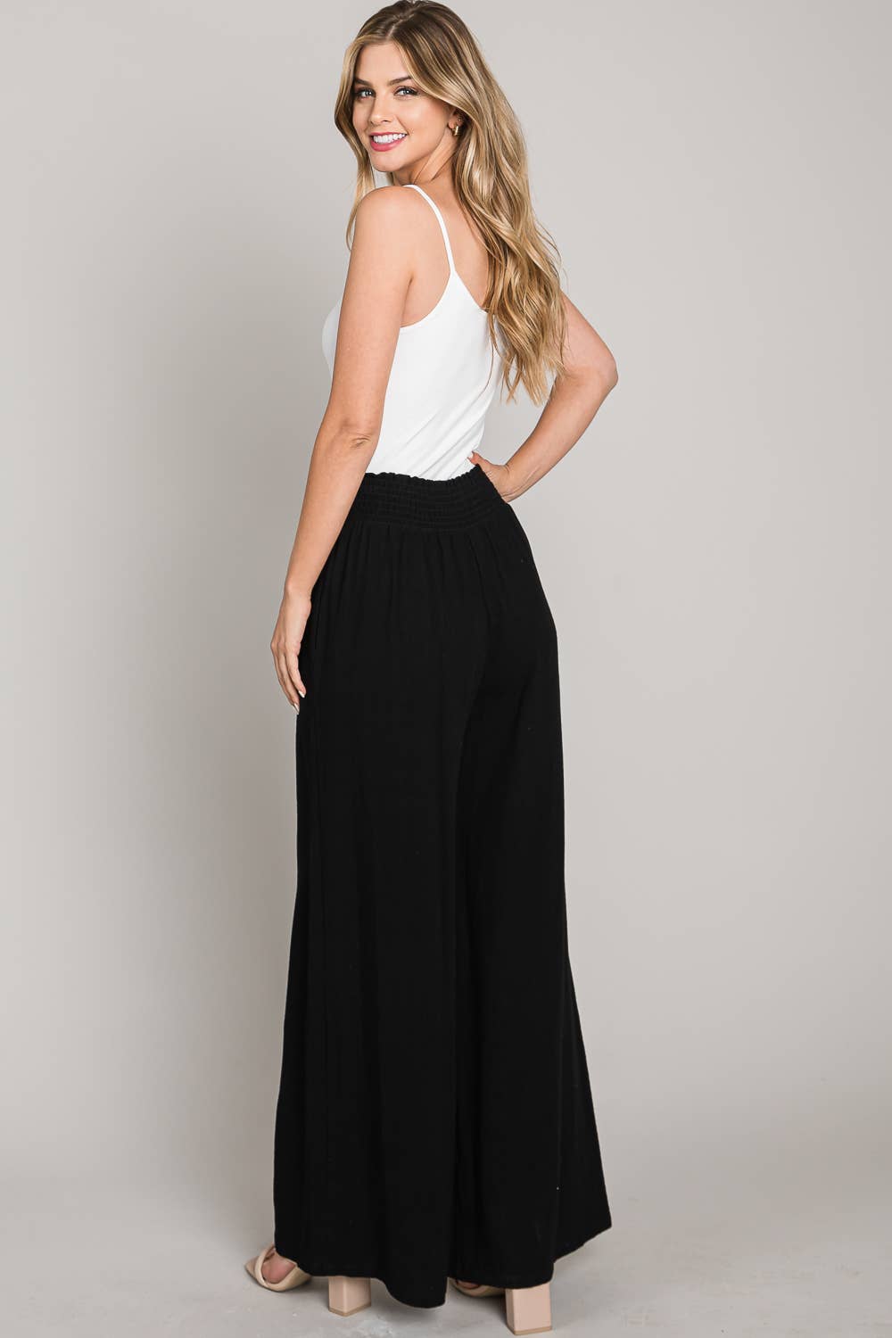 Soft Linen Smocked Waist Wide Leg Pants