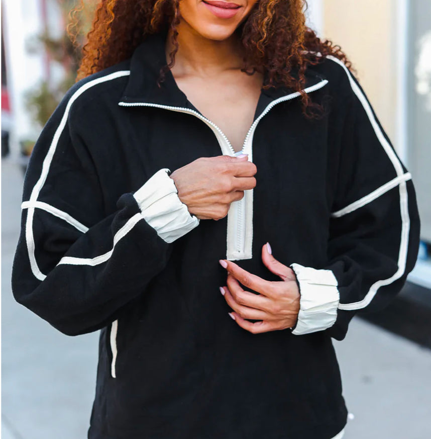 CATCH GLANCES BLACK CINCHED WAIST HALF ZIP UP FLEECE JACKET