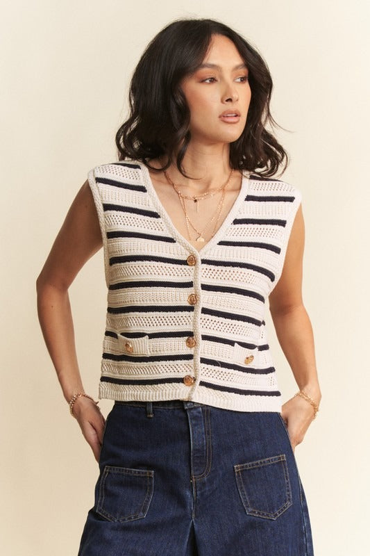Sleeveless Cropped Striped Sweater Knit Vest Top