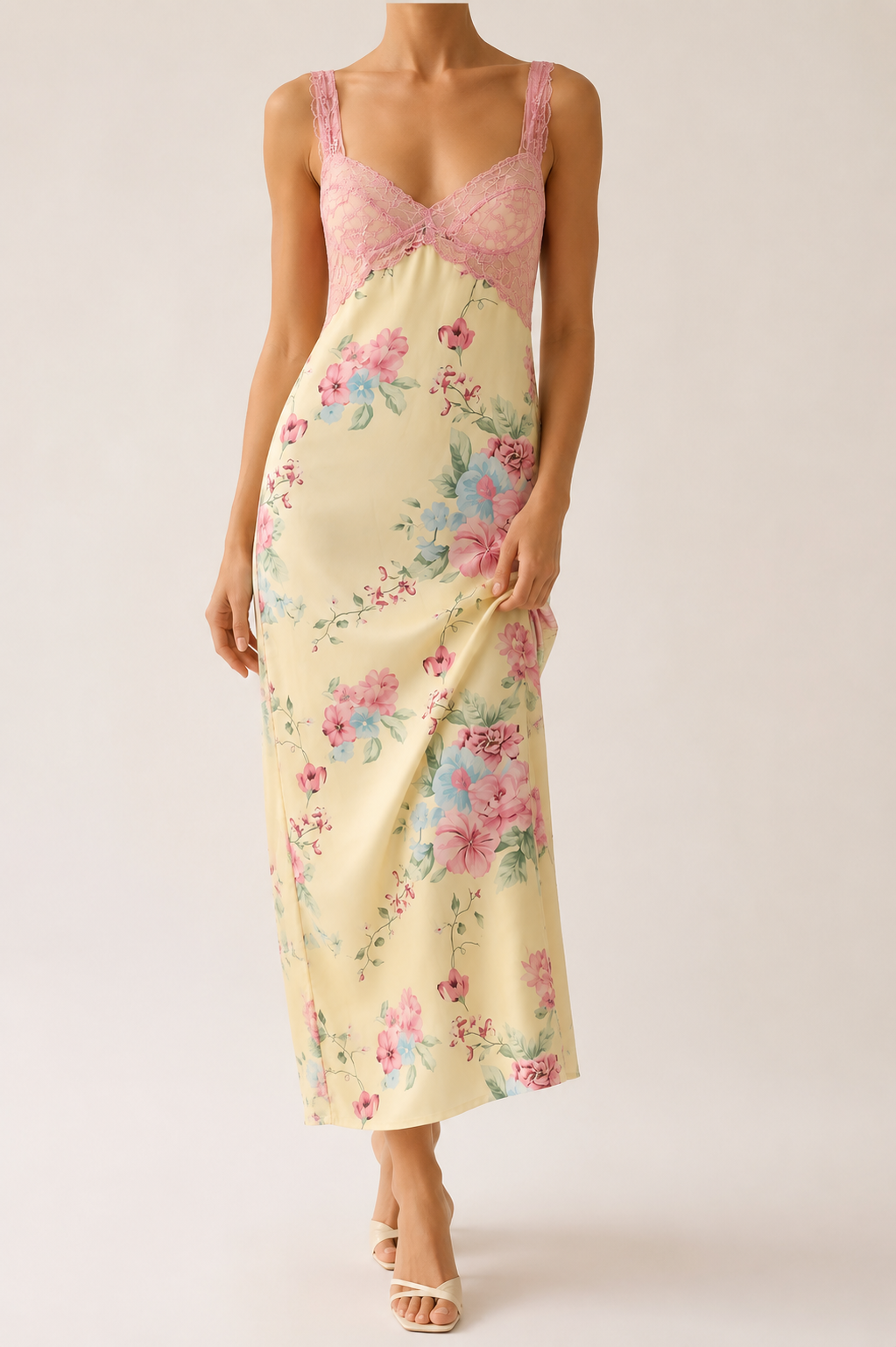 Mesh Floral Print Lace Detail Side Slit Maxi Dress