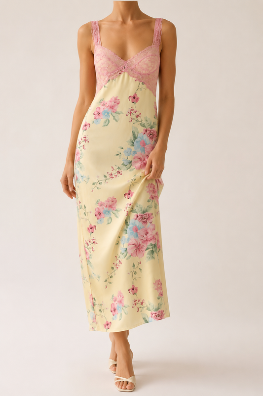 Mesh Floral Print Lace Detail Side Slit Maxi Dress