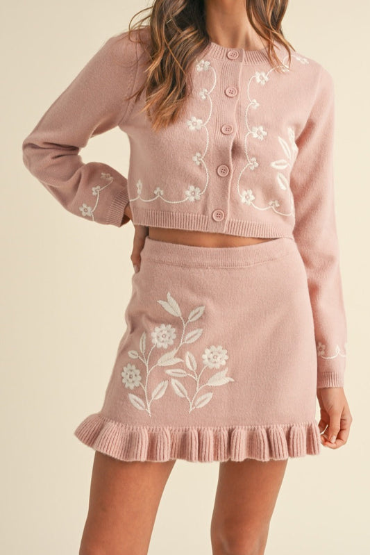Floral Embroidered Crop Cardigan and Ruffled Mini Skirt Set