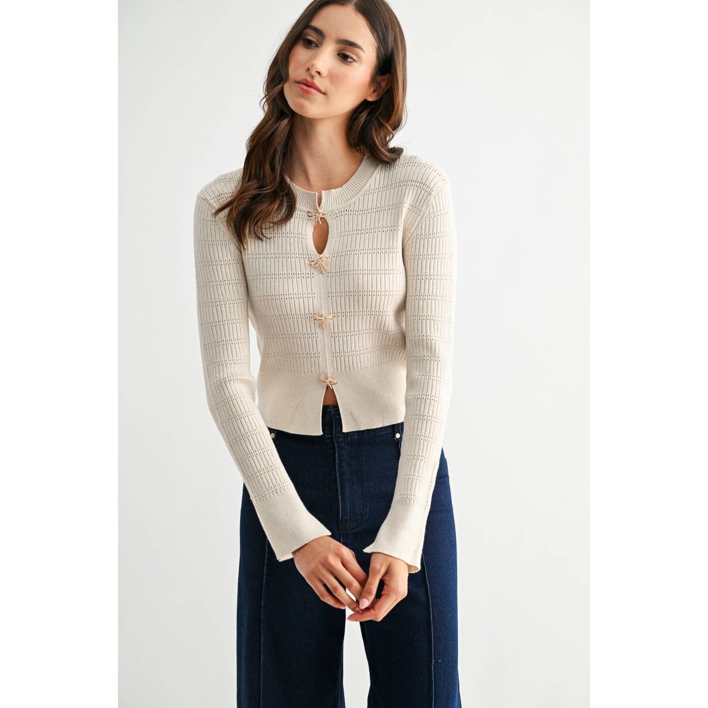 IVORY RIBBED CARDIGAN WITH METALLIC ACCENTS