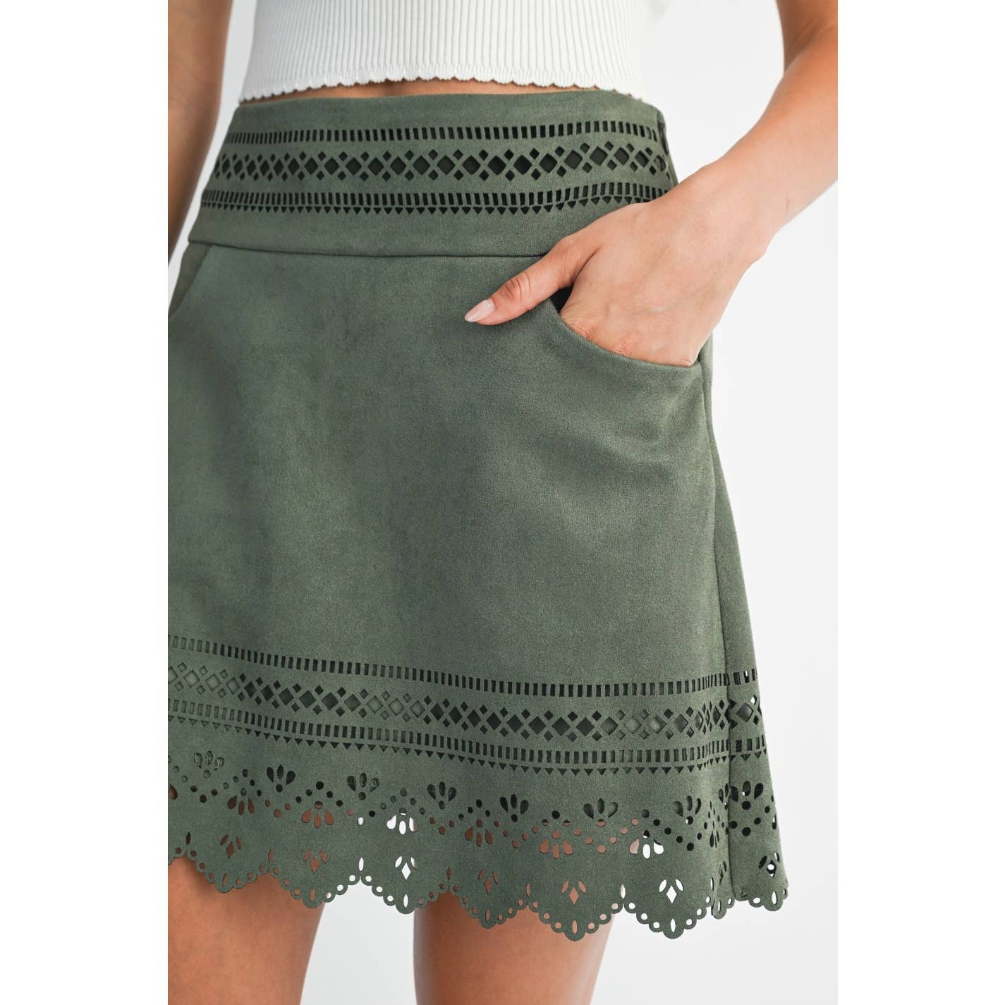 OLIVE GREEN LASER CUT A-LINE SKIRT