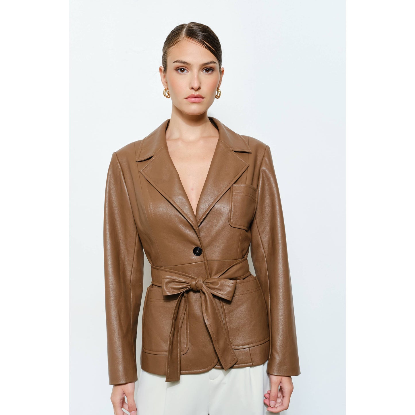 Faux Leather Single-Breasted Belted Blazer Jacket