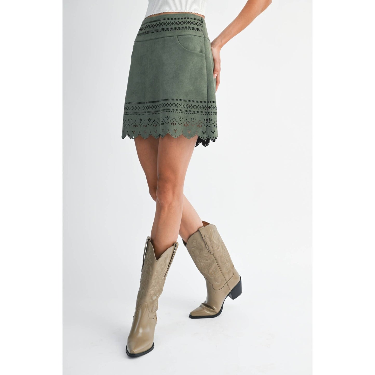 OLIVE GREEN LASER CUT A-LINE SKIRT