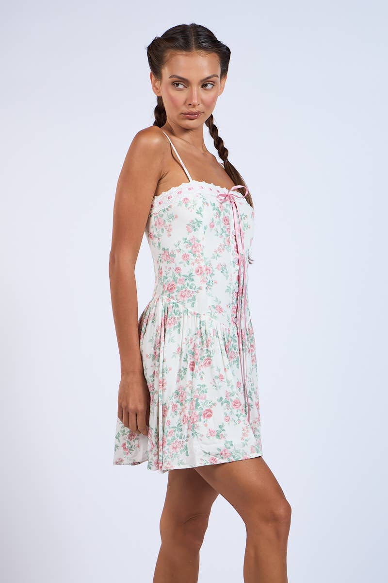 FLORAL LACE TRIM FIT&FLARE CORSET MINI DRESS