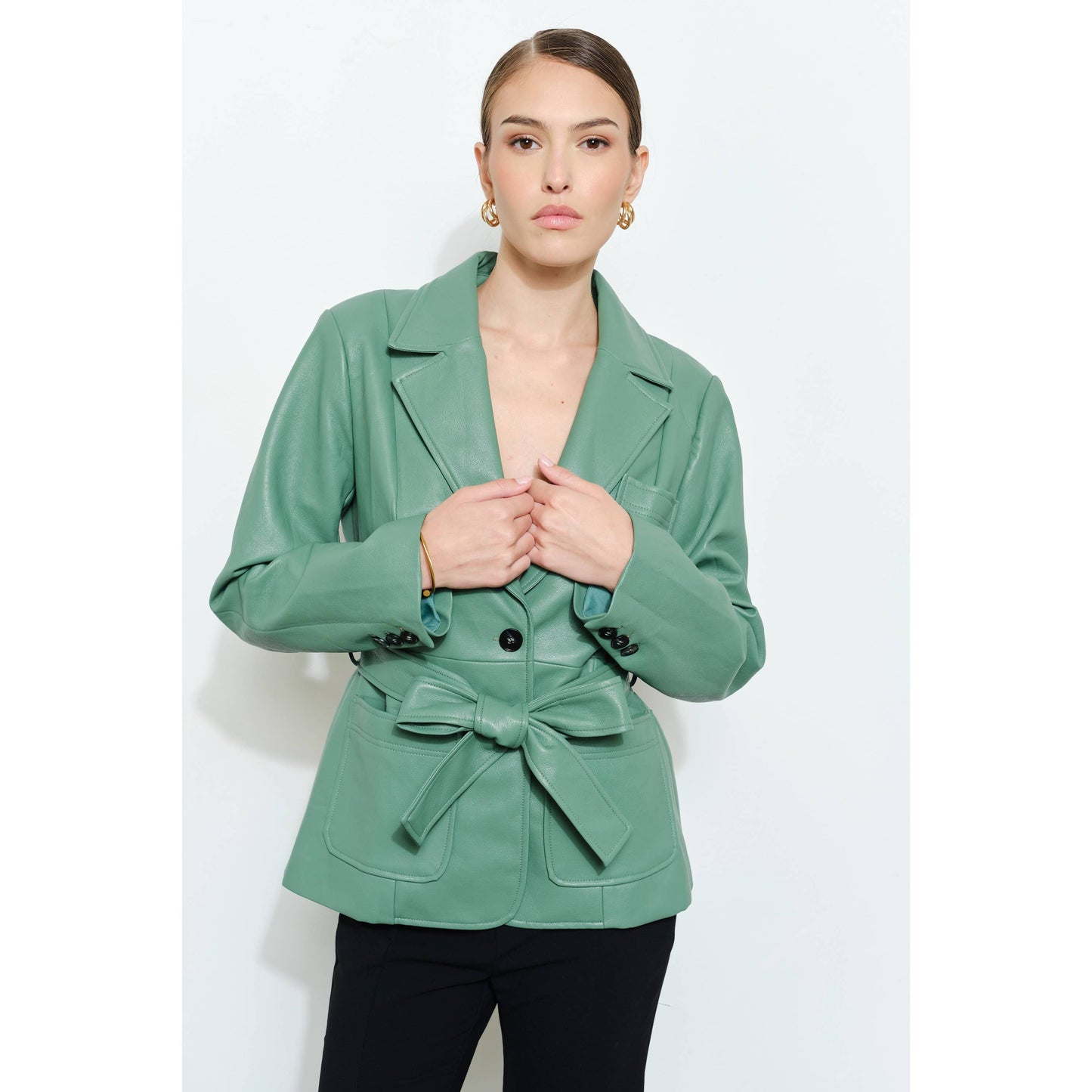 Faux Leather Single-Breasted Belted Blazer Jacket