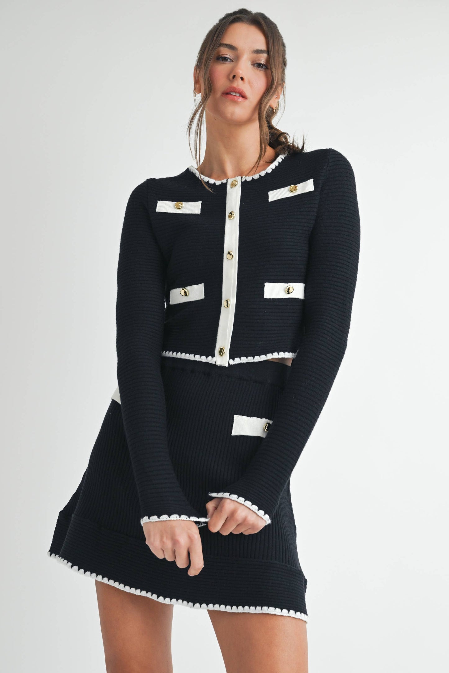 Contrast Button Knit Crop Jacket