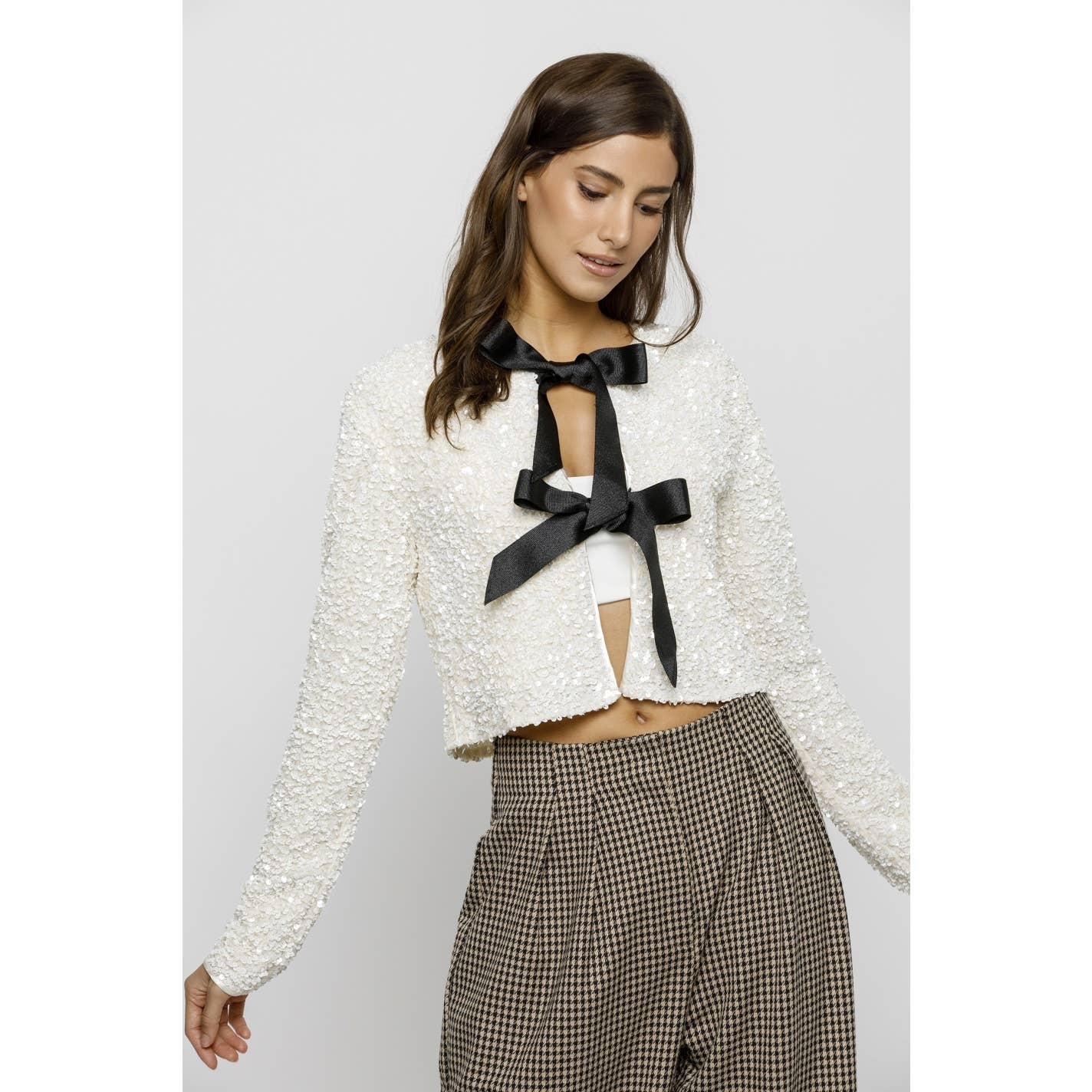 SOLID SEQUIN BLACK RIBBON BOW JACKET
