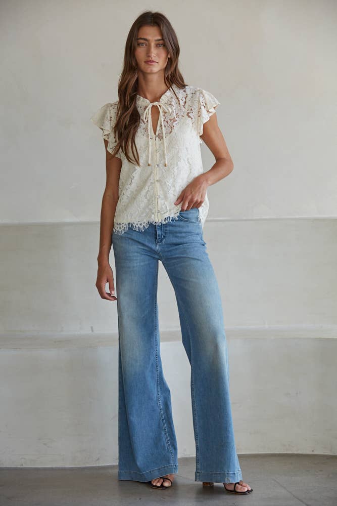 Woven Cotton Nylon Lace Button Down Short Sleeve Top