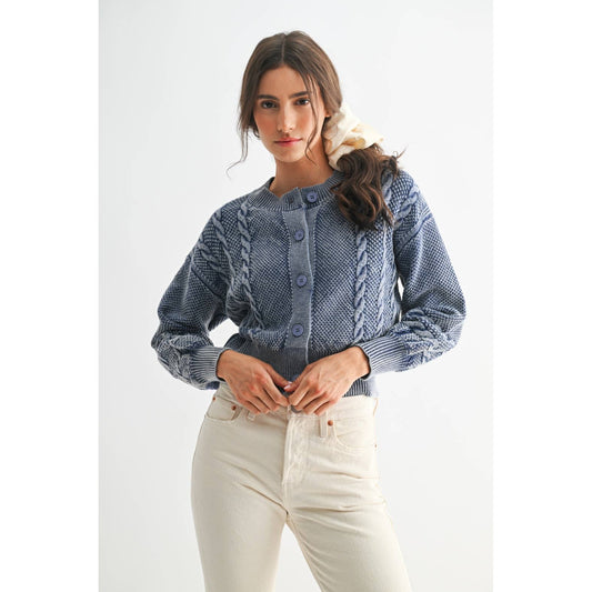 WASHED BLENDED BLUE CABLE KNIT CARDIGAN