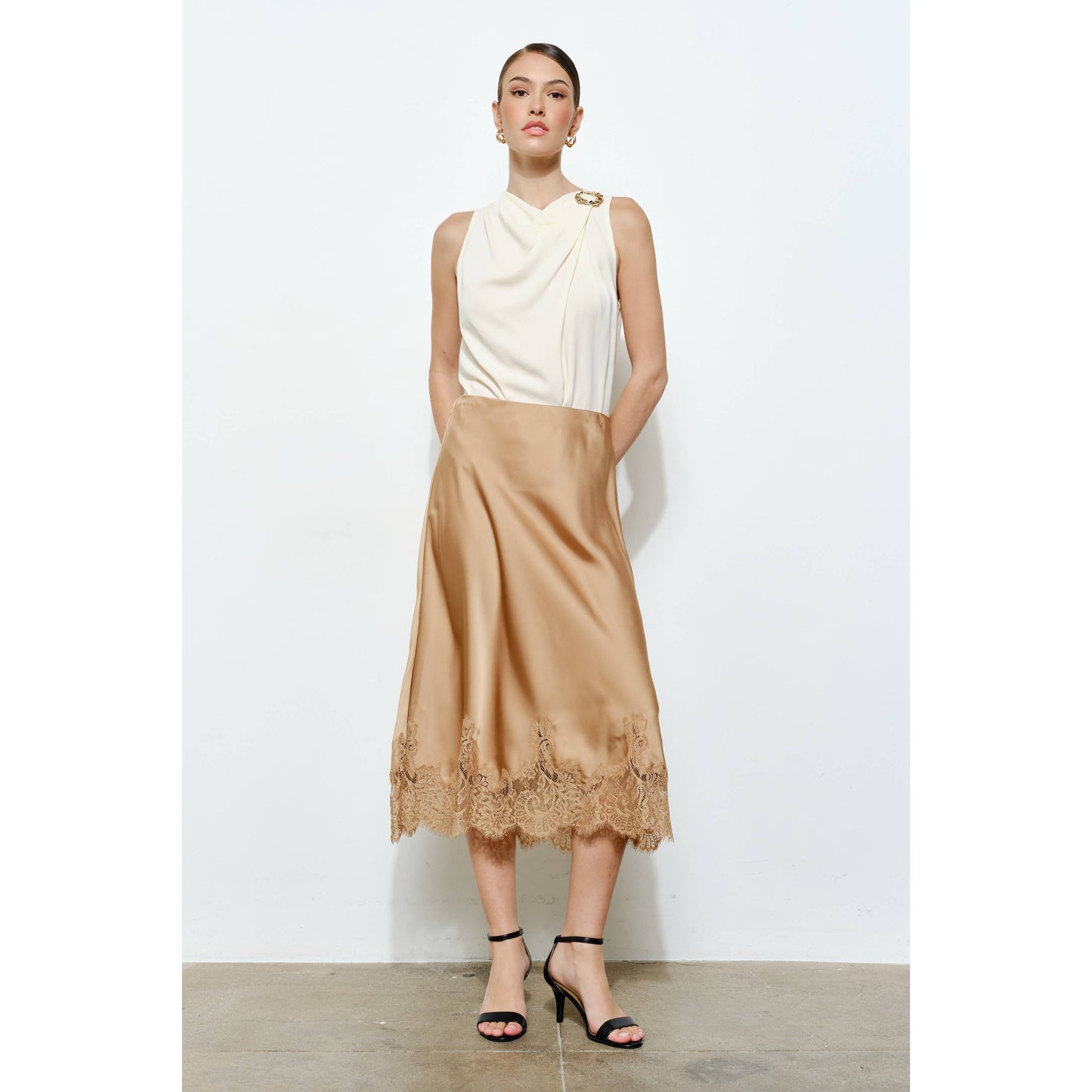 Classic Silky with Lace Hem H-Line Midi Skirt