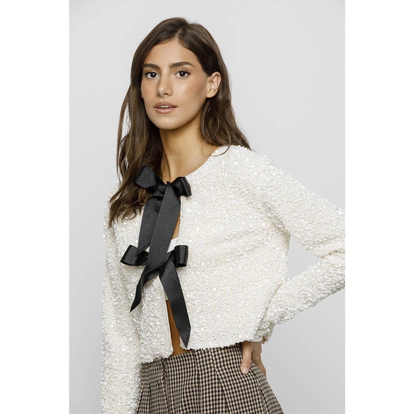 SOLID SEQUIN BLACK RIBBON BOW JACKET
