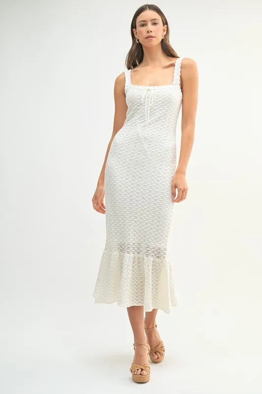 MABLE Ruffled Hem Sleeveless Crochet Knit Midi Dress