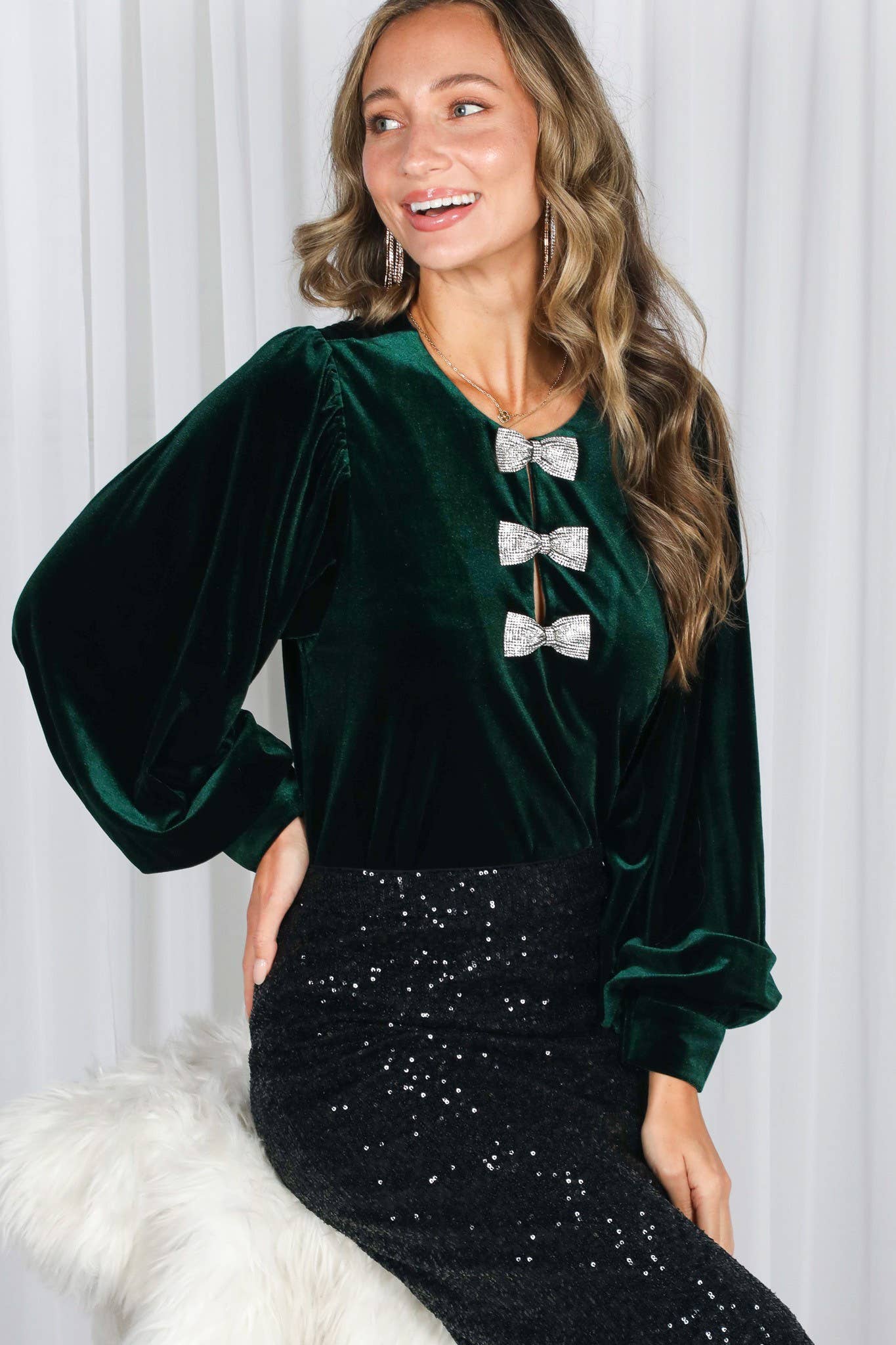 Sequin Bow Accent Luxe Velvet Blouse