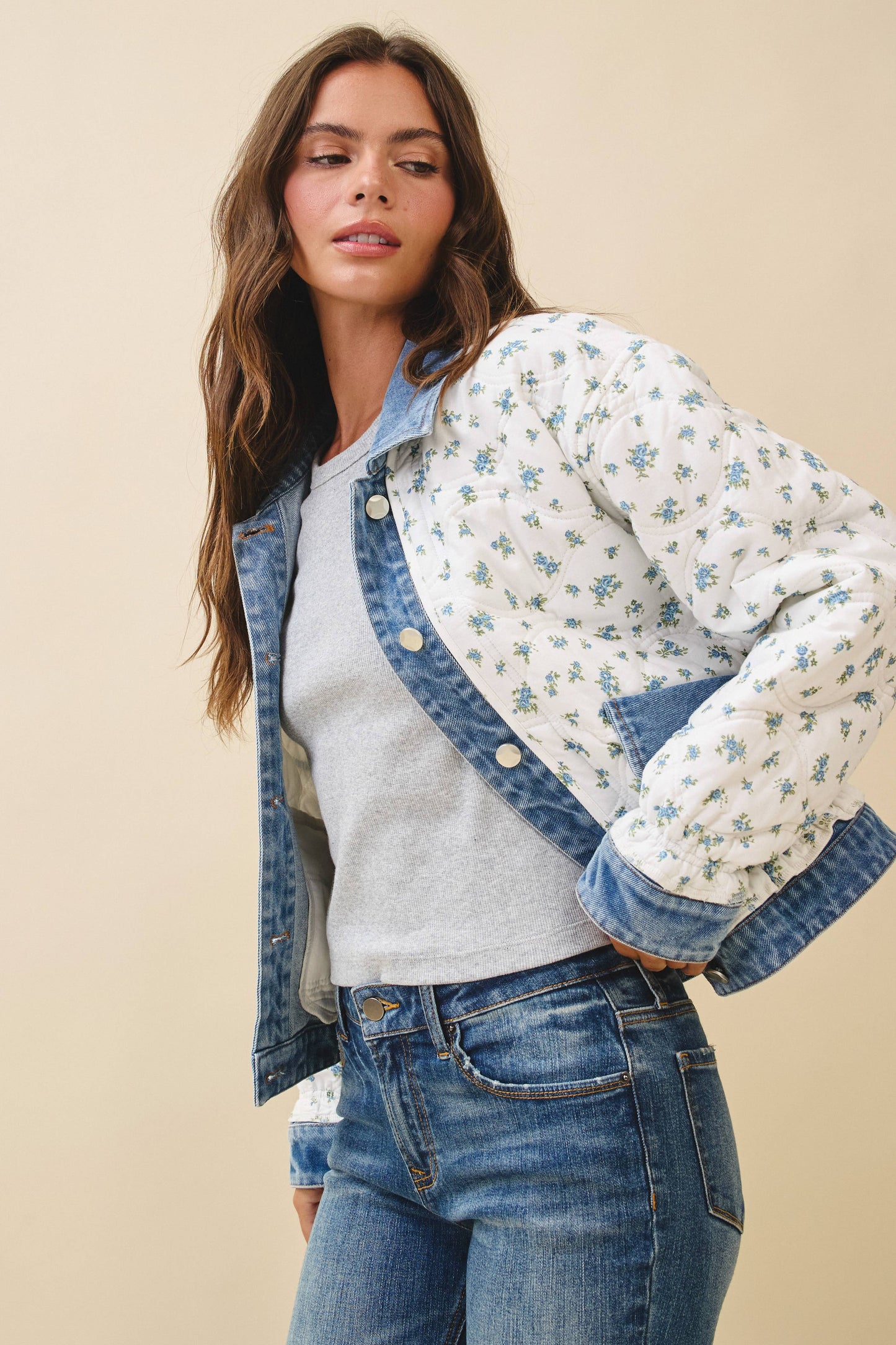Floral Quilted Denim Trim Jacket