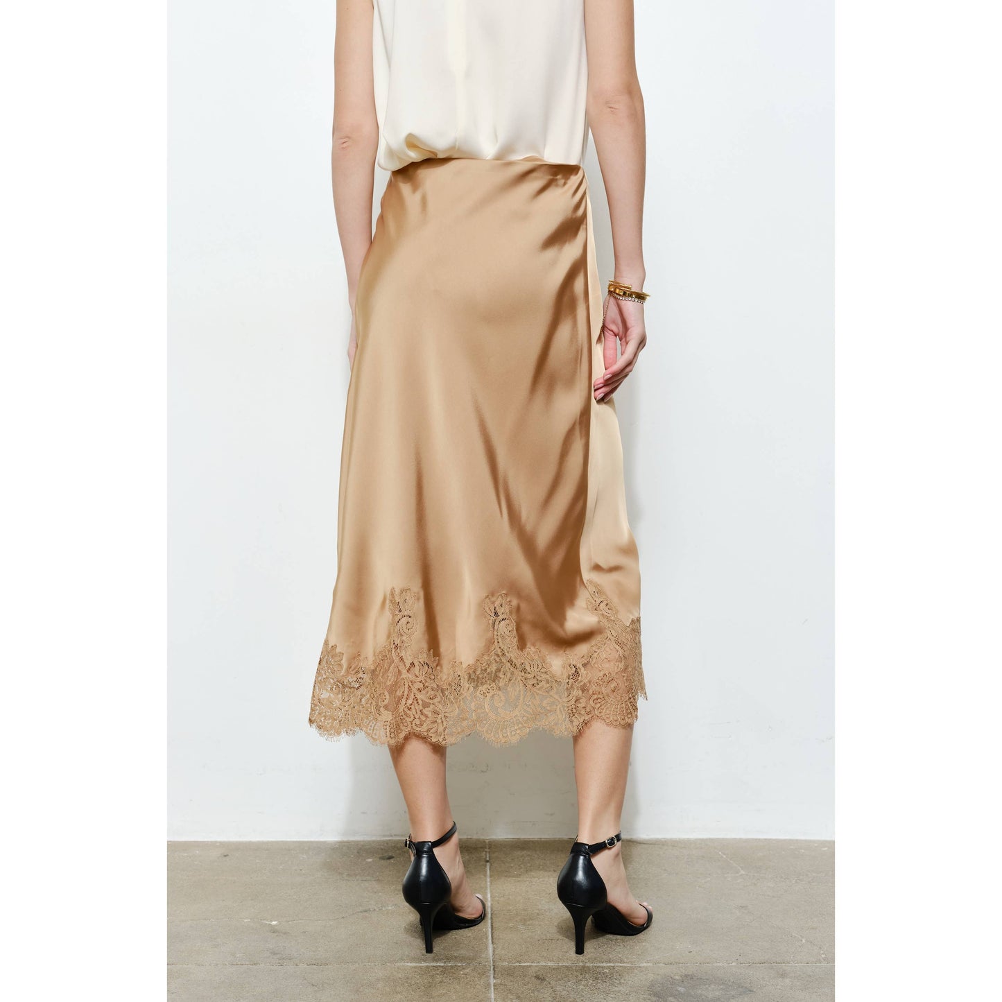 Classic Silky with Lace Hem H-Line Midi Skirt