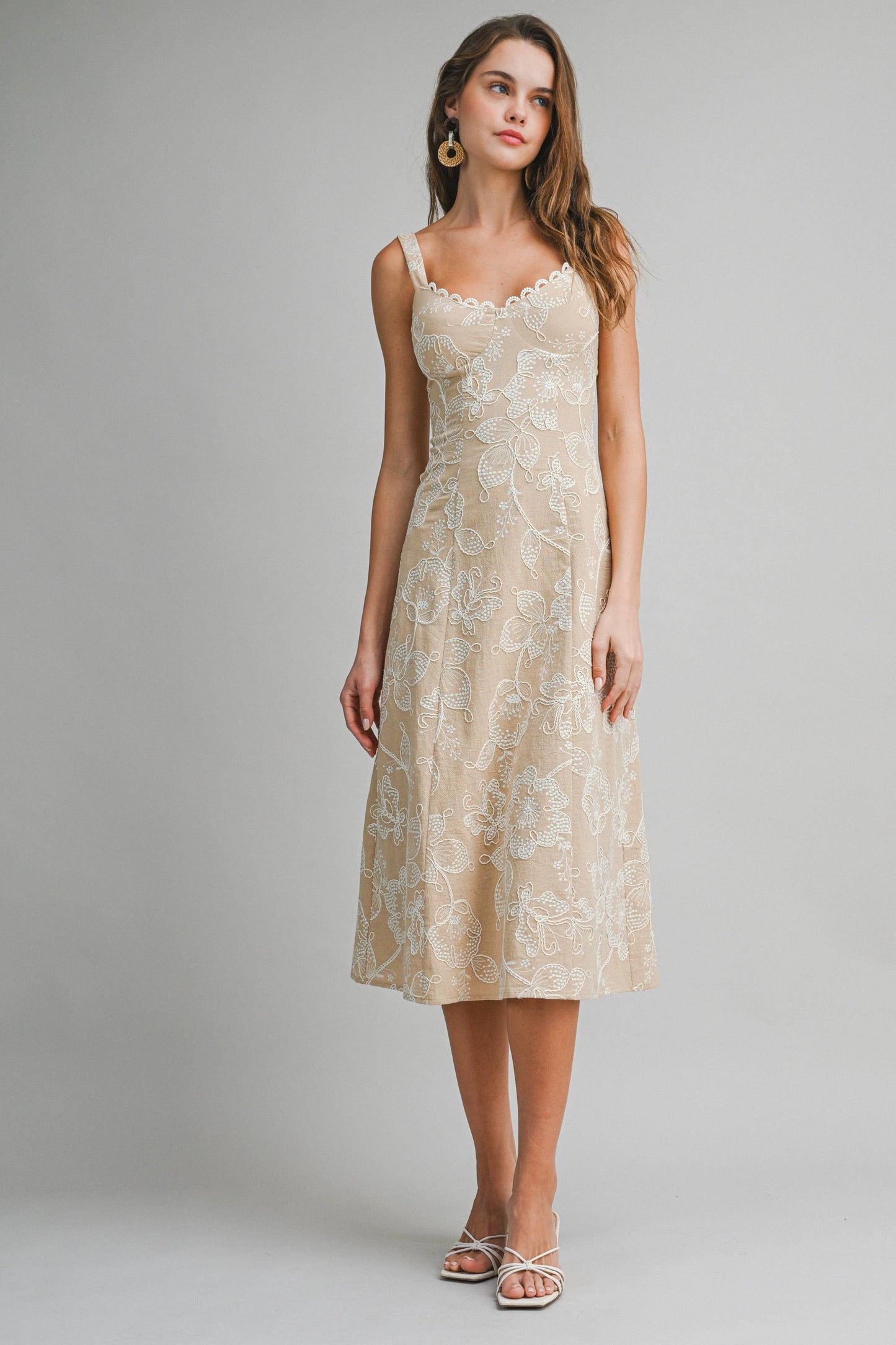 Elegant Floral Embroidered Midi Dress