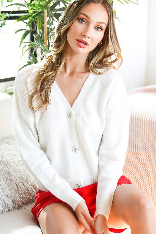 V-Neck Jeweled Button Accent Sweater Cardigan