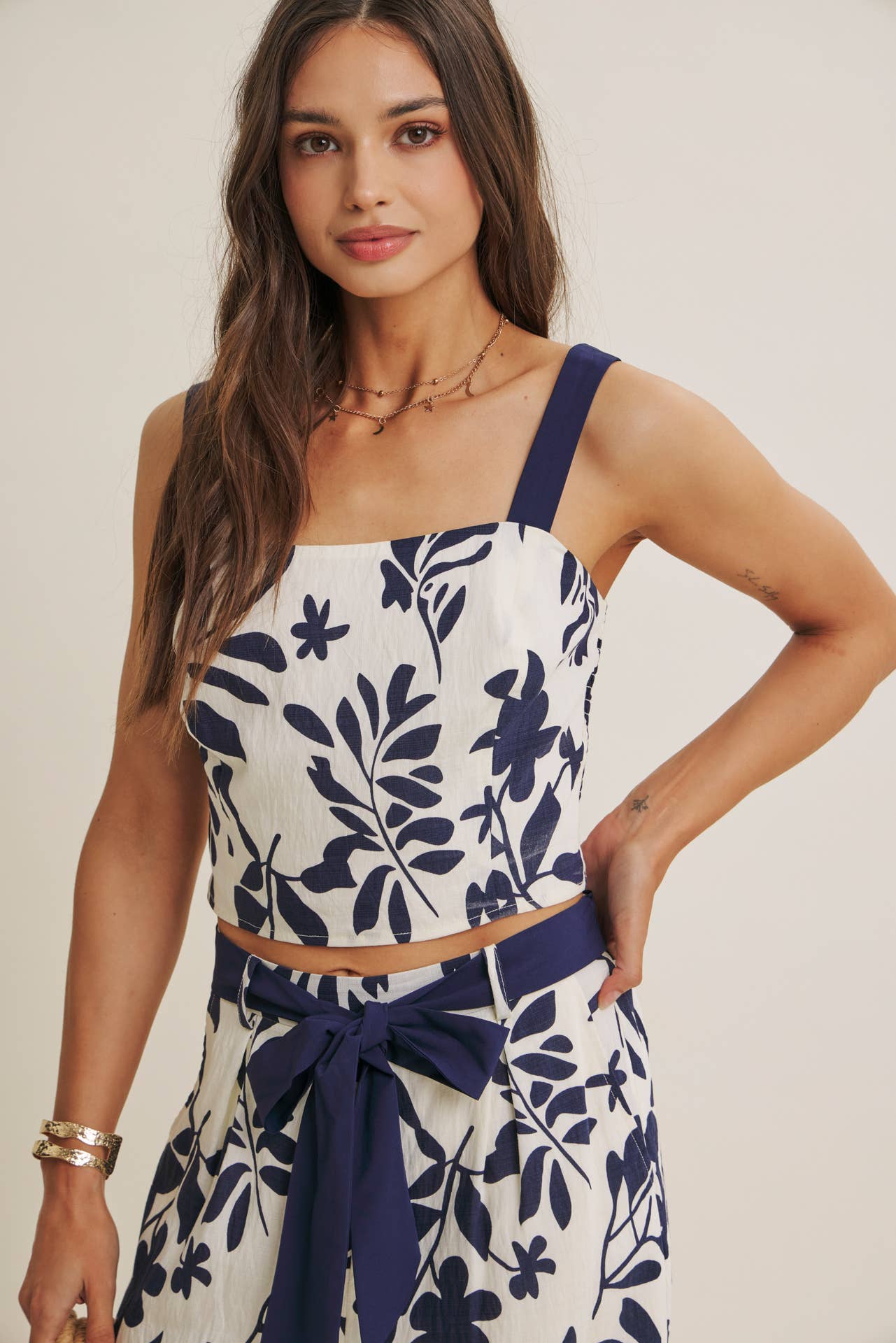 RESORT WEAR BORDER PRINT LEAF PRINT TOP AND PANTS SET