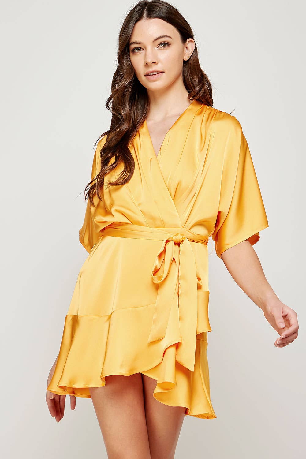 Flared Sleeve Faux Wrap Satin Mini Dress