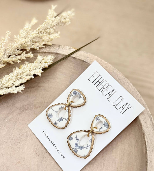 Blue & White Floral Clay Earrings, Fall Style
