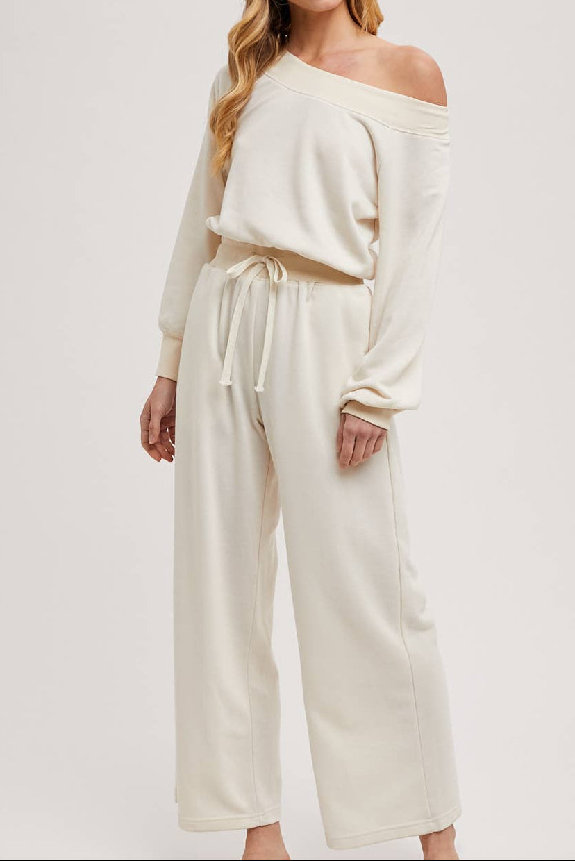 WIDE NECK OFF THE SHOULDER KNIT JUMPSUIT