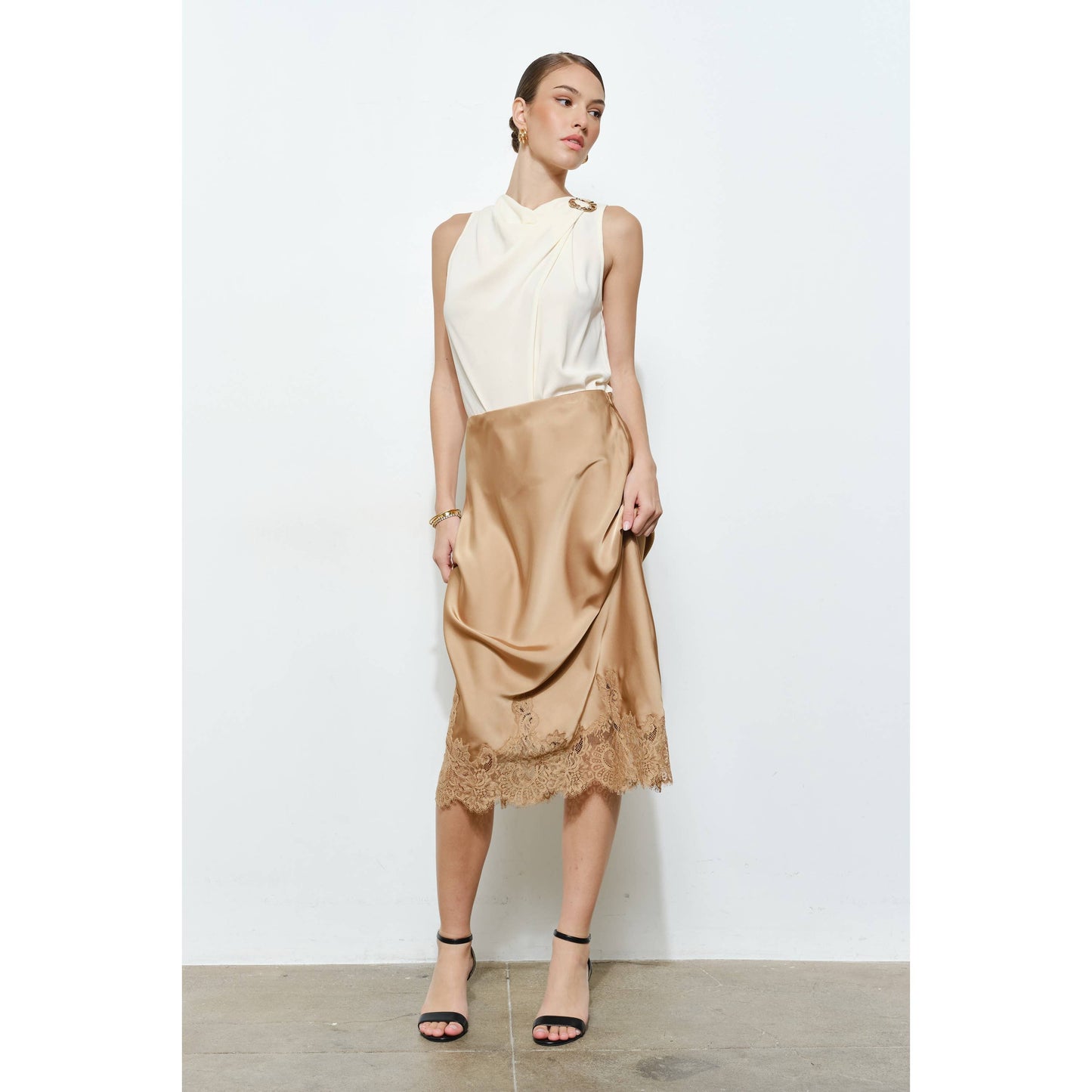 Classic Silky with Lace Hem H-Line Midi Skirt